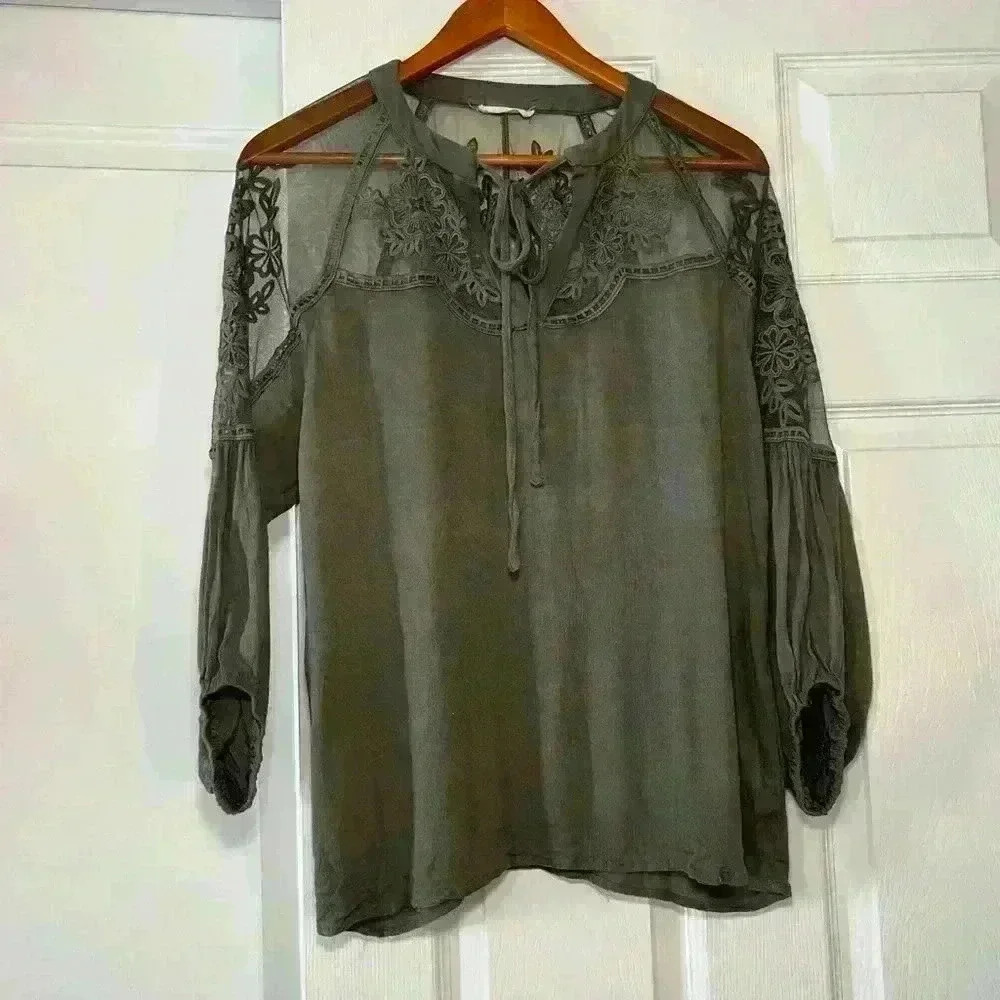 And The Why Army Green Blouse Sheer Floral Design